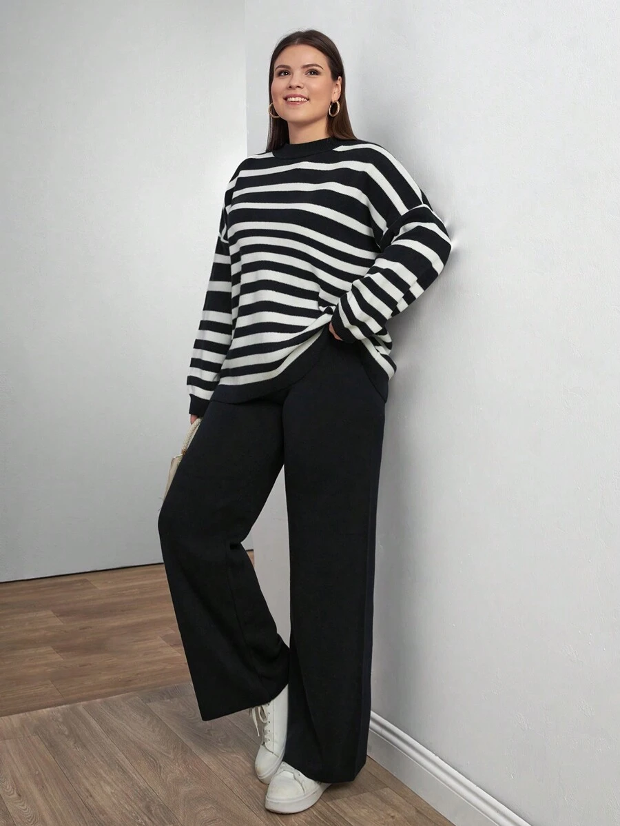 RueChic Women Irregular Stripe Pattern Round Neck Drop Shoulder Pullover & Sweater Pants Set