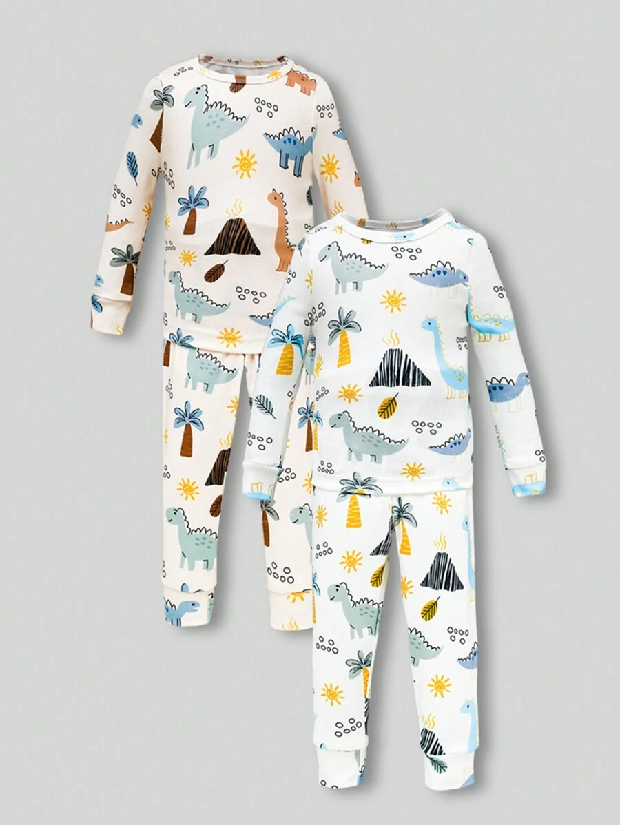 2 Peças Conjunto de Top de Manga Longa e Calça com Estampa de Dinossauro, Ajuste Confortável, Roupas Casuais para Casa, Bebê Menino