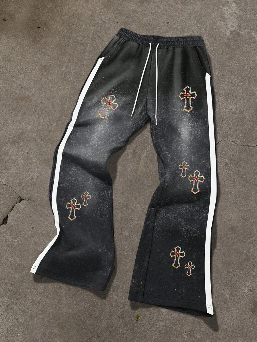 Manfinity EMRG Men's Casual Washed Cross Print Drawstring Waist Sweatpants