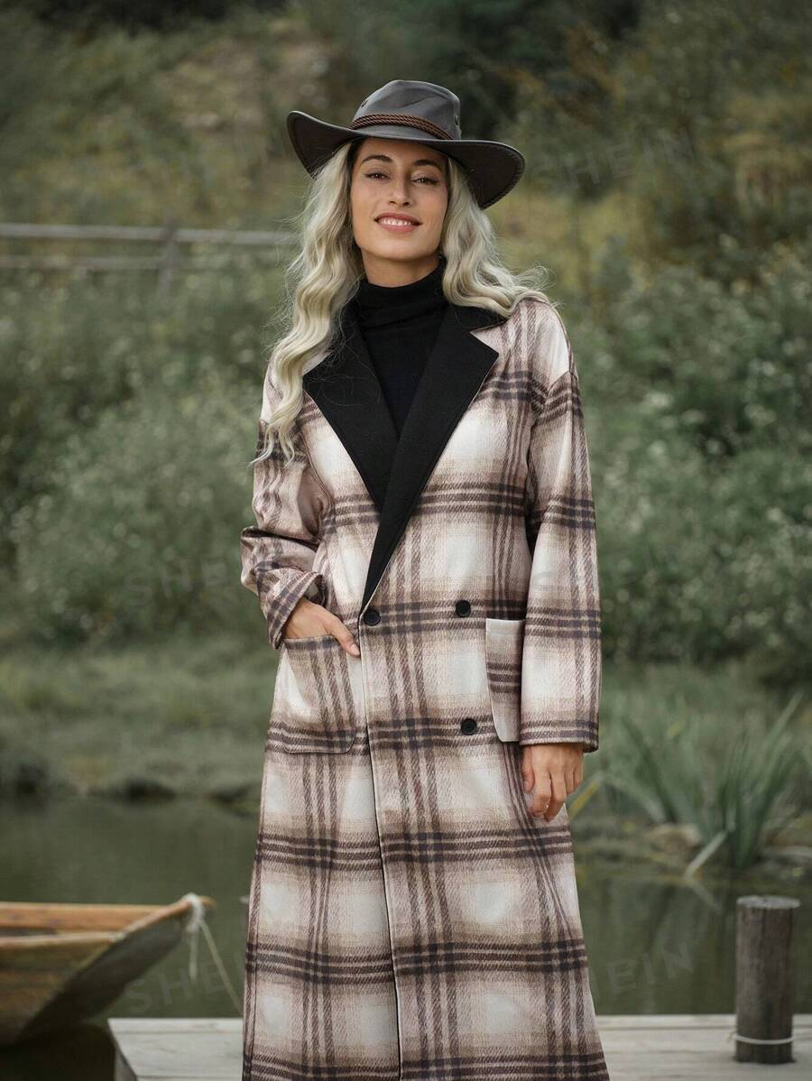 LanaWest Abrigo maxi con cuello a cuadros, chaqueta de invierno delgada y cálida