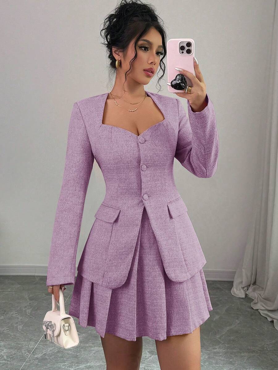 Gloray Women V-Neck Pink Fitted Blazer + Short Pleated Skirt Suit, Autumn Set