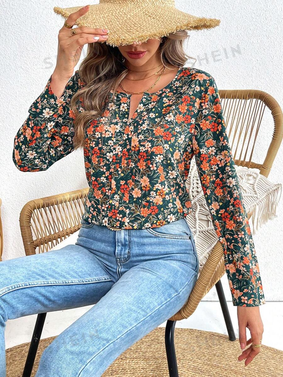 SHEIN VCAY Blusa de manga larga, suelta y de gasa con estampado floral para vacaciones para mujeres