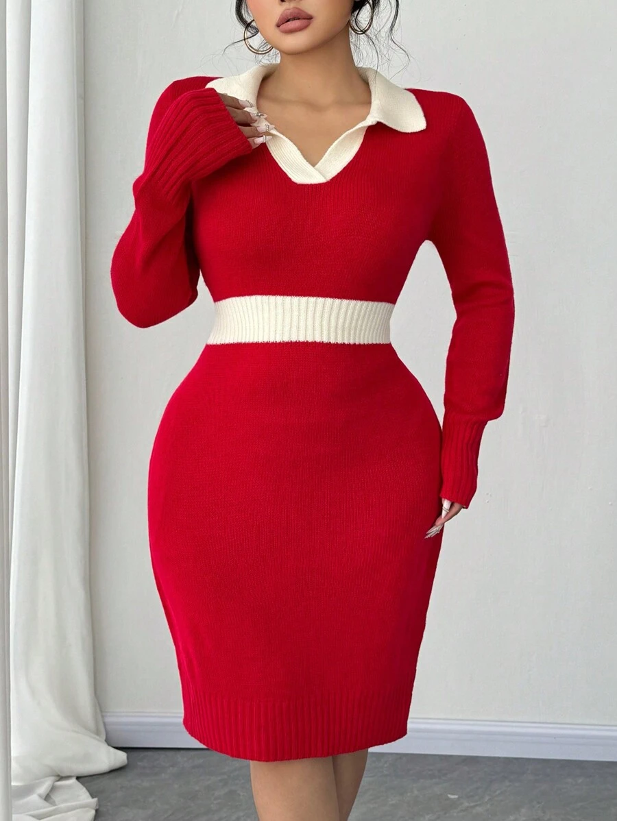 Celure Plus Size Women Fitted Contrast Color Collared Split Sweater Dress, Autumn/Winter For New Year Clothes