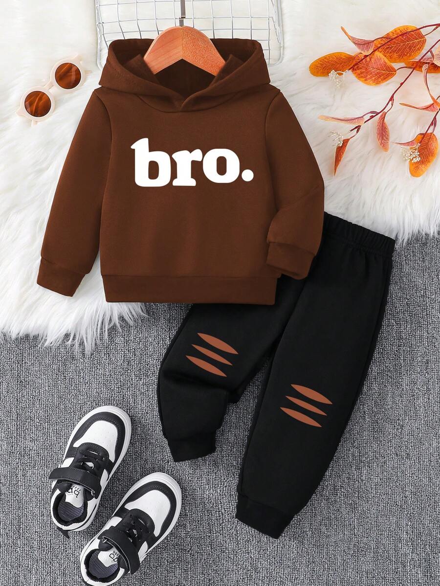 Ensemble Sweat-shirt à capuche avec impression de lettres "Bro" et pantalon de survêtement imprimé délavé pour bébé garçon