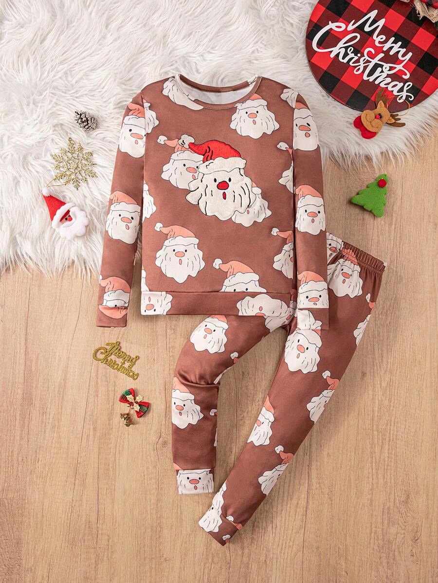 Set de 2 piezas de pijama de ajuste ceñido con estampado de Papá Noel de manga larga para niño pequeño