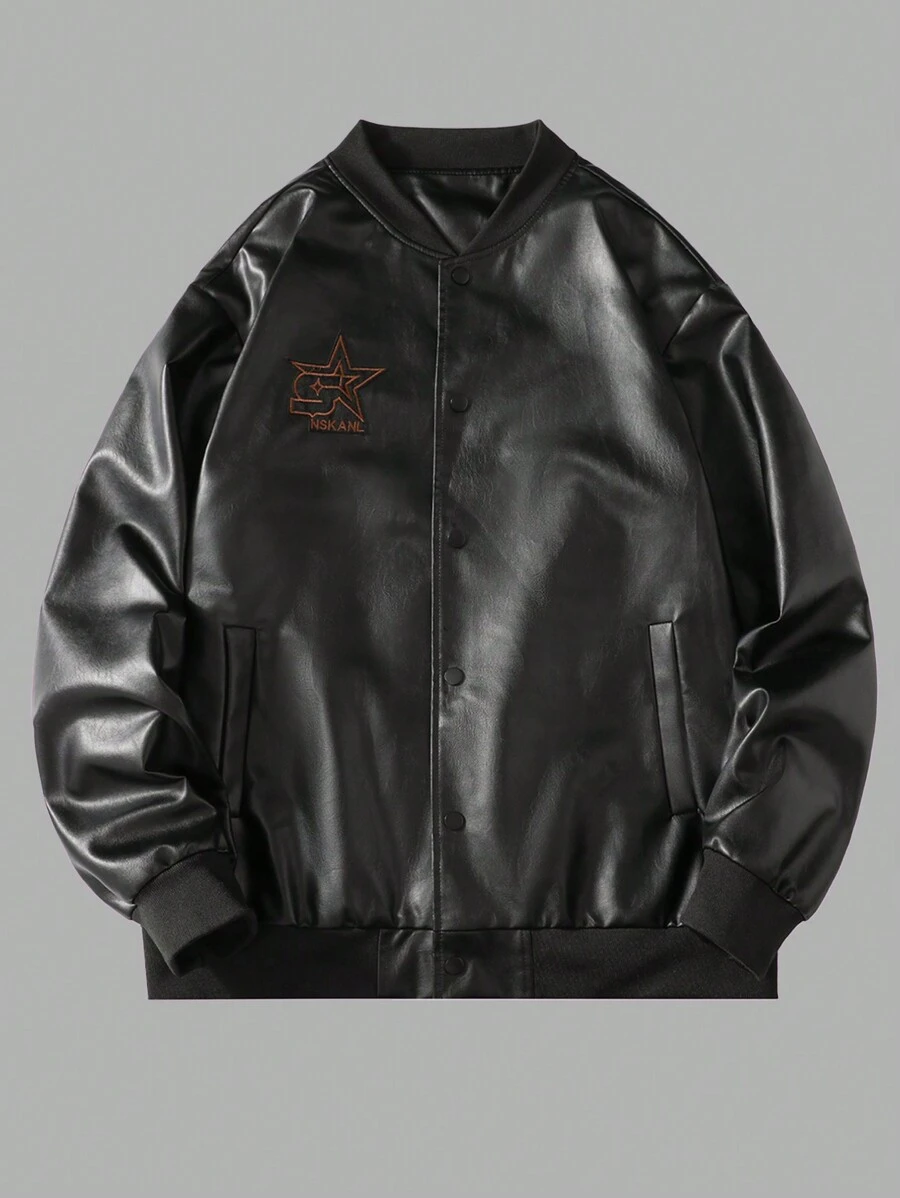 Manfinity EMRG Chaqueta casual de manga larga con bolsillo con cremallera y aplicación de estrella para hombres, chaqueta de salida de estilo punk rock, para regalos a amigos, esposo o novio