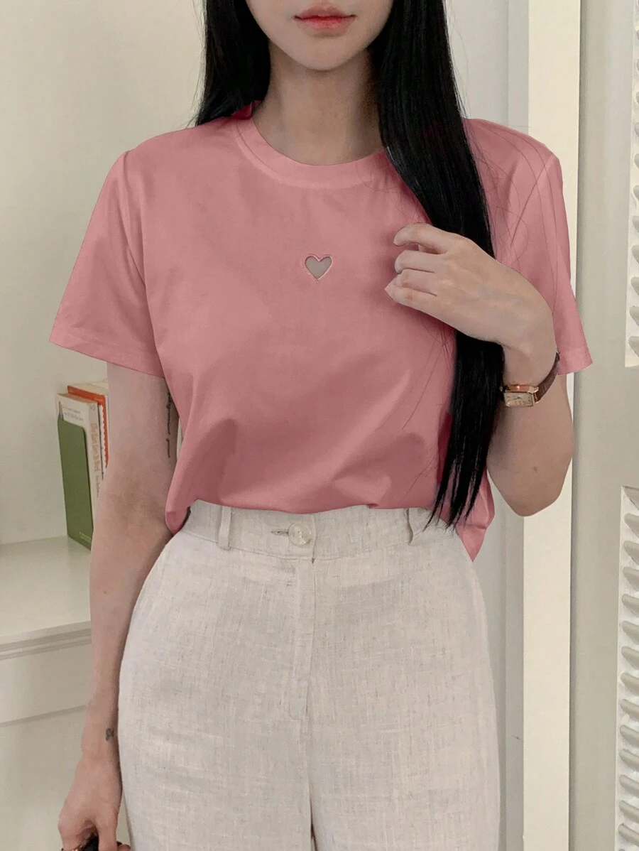 DAZY Women Casual Solid Color Hollow Heart Short Sleeve T-Shirt Valentine Valentine's Day