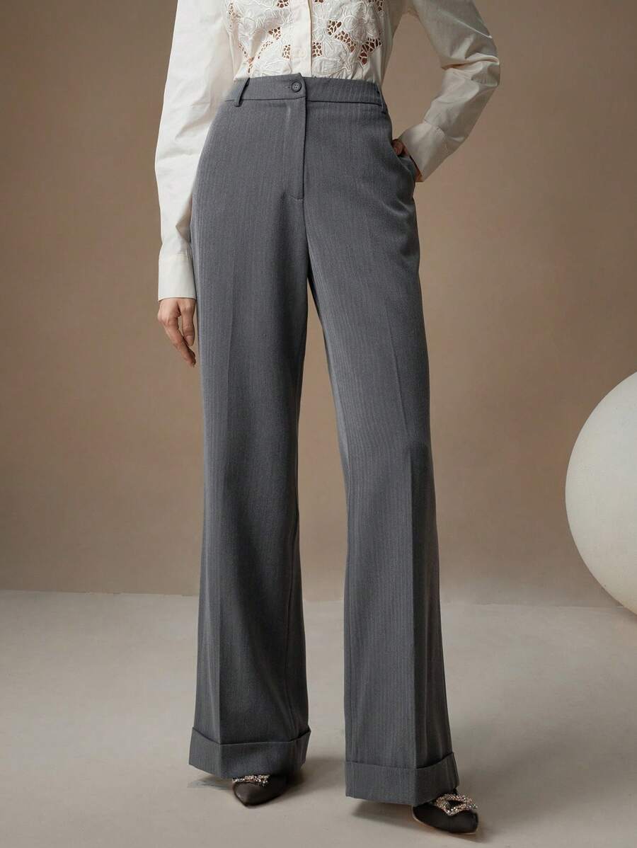 Anewsta Women's Business Casual Plain Color Slant Pocket Wide Leg Suit Pants