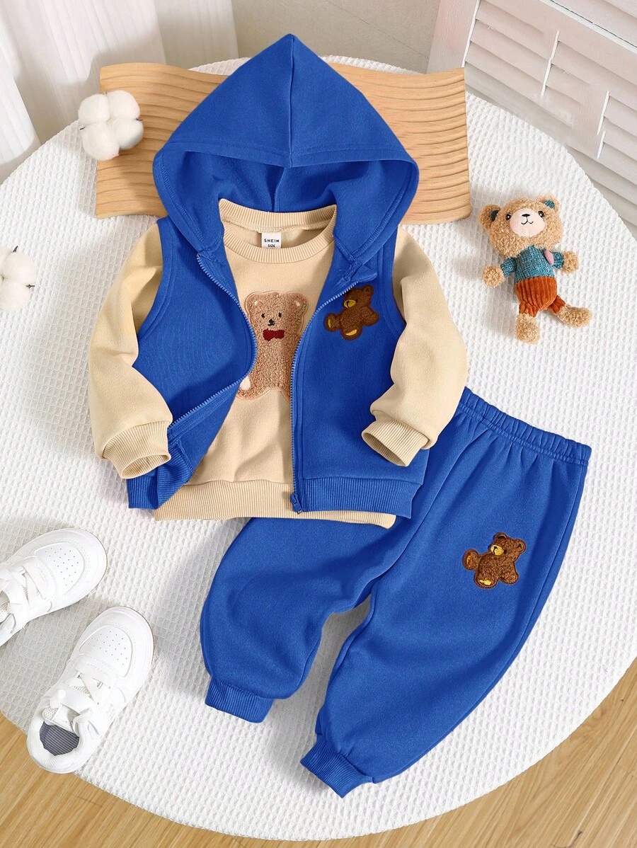 SHEIN 3pcs Baby Boys Autumn/Winter Outfit: Cute Bear Graphic Fuzzy Zip-Up Hooded Jacket, Loose Casual Sweatpants, Solid Color All-Match Crew Neck Pullover Sweatshirt. Suitable For Indoor & Outdoor
