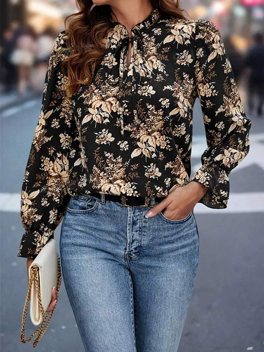 INAWLY Blusa casual de manga larga con estampado floral pequeño, otoño