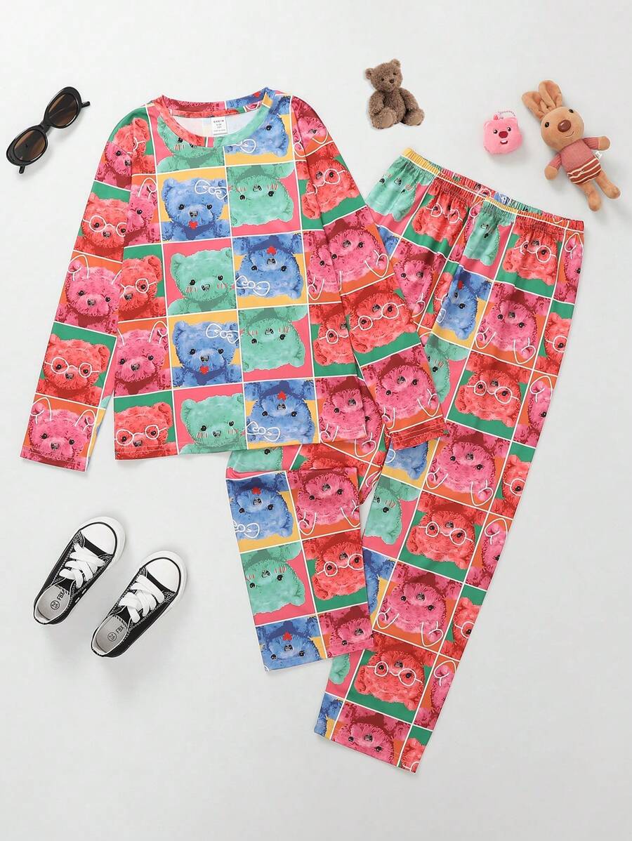 Conjunto de ropa de estar por casa con cuello redondo con estampado de oso lindo para niñas grandes
