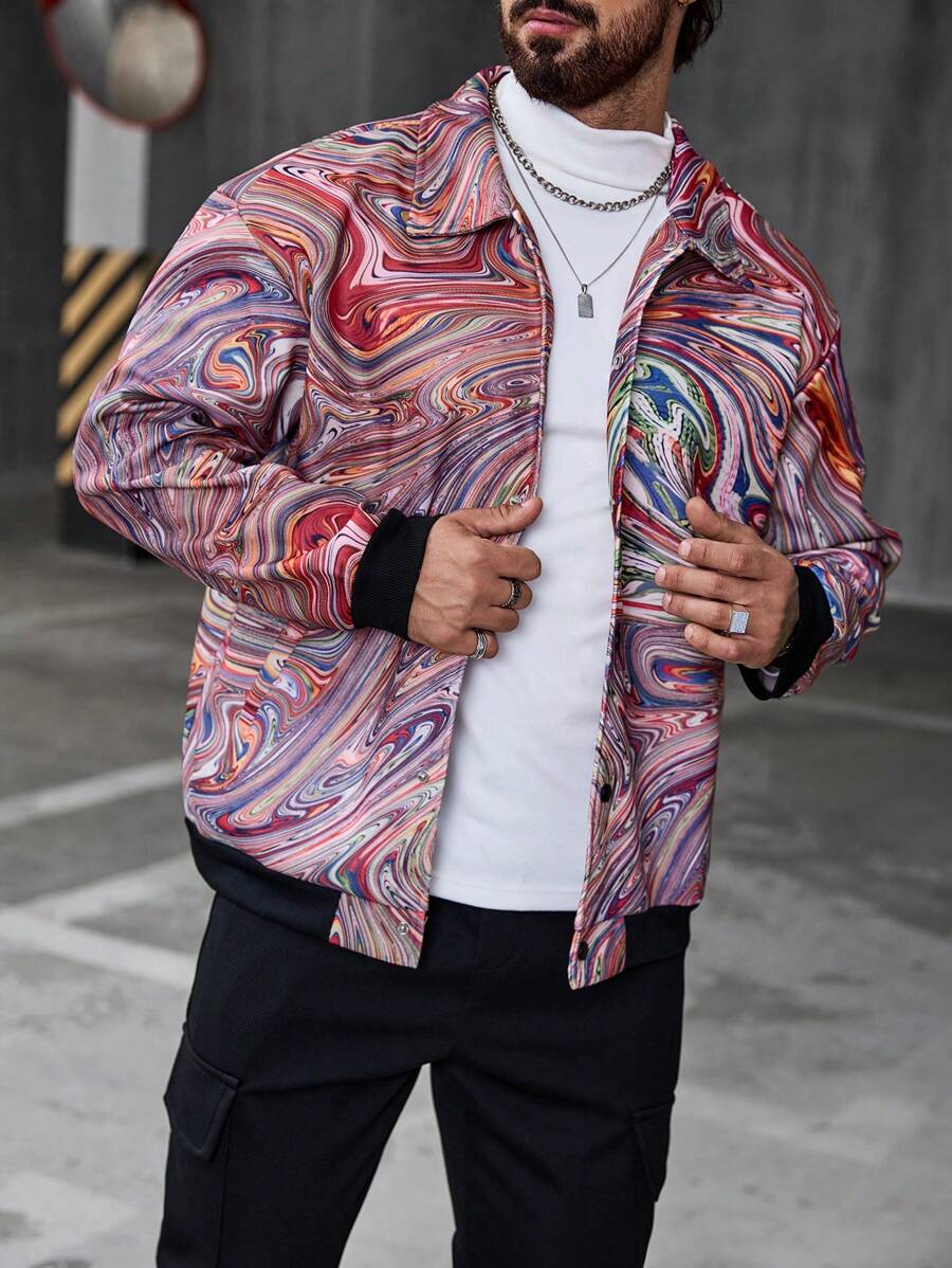 Manfinity LEGND Men's Fashionable Colorful Marble Print Jacket, Autumn Going Out Lightweight Colorful Graphic Long Sleeve Casual Jacket, For Friends, Husband, Boyfriend Gifts