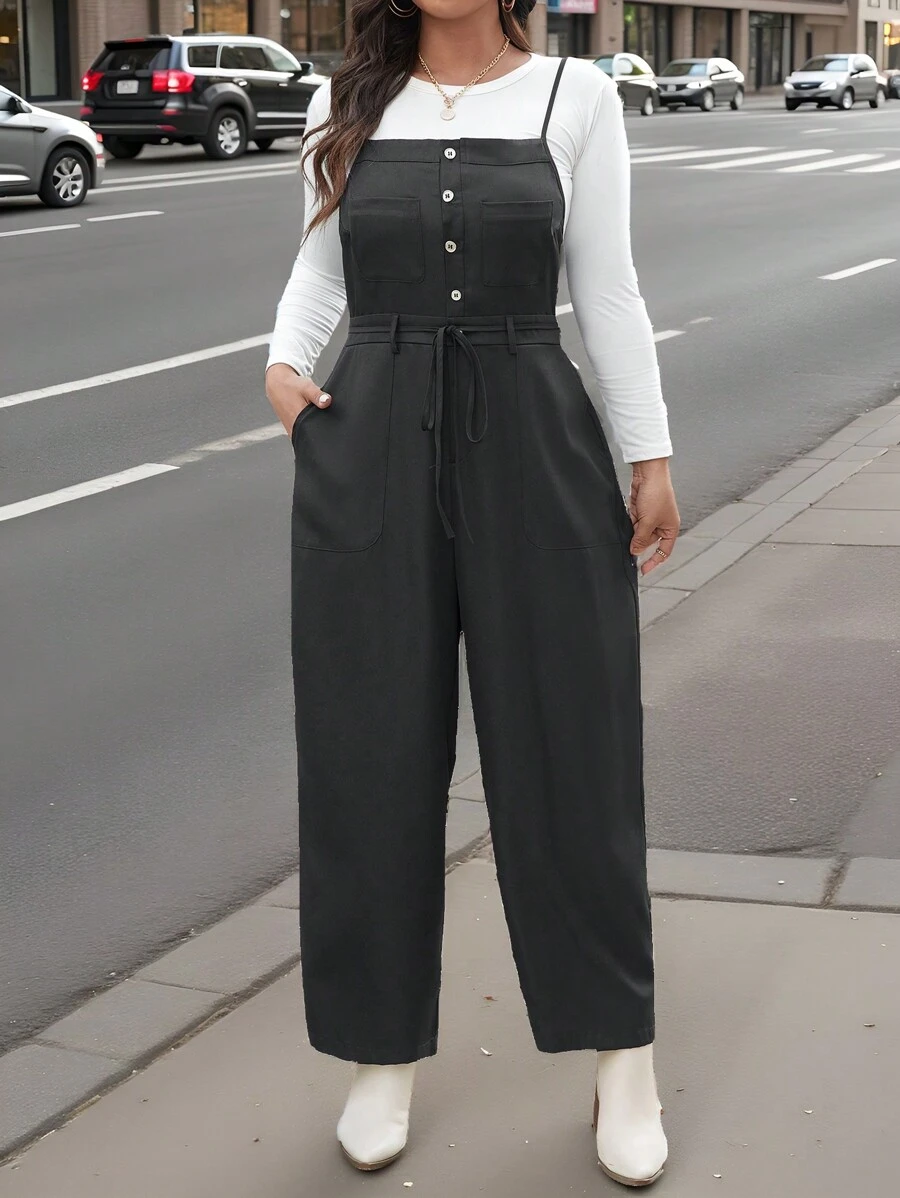 SHEIN LUNE Plus Size Women Button Design Loose Jumpsuit, Casual And Versatile, Autumn Winter Clothes For Office WearNew Vears Women Outfit Holiday Outfit