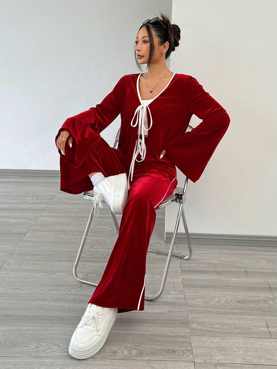 SHEIN EZwear 2pcs New Year Women Velvet Tie Front Long Sleeve Top And Pants Set