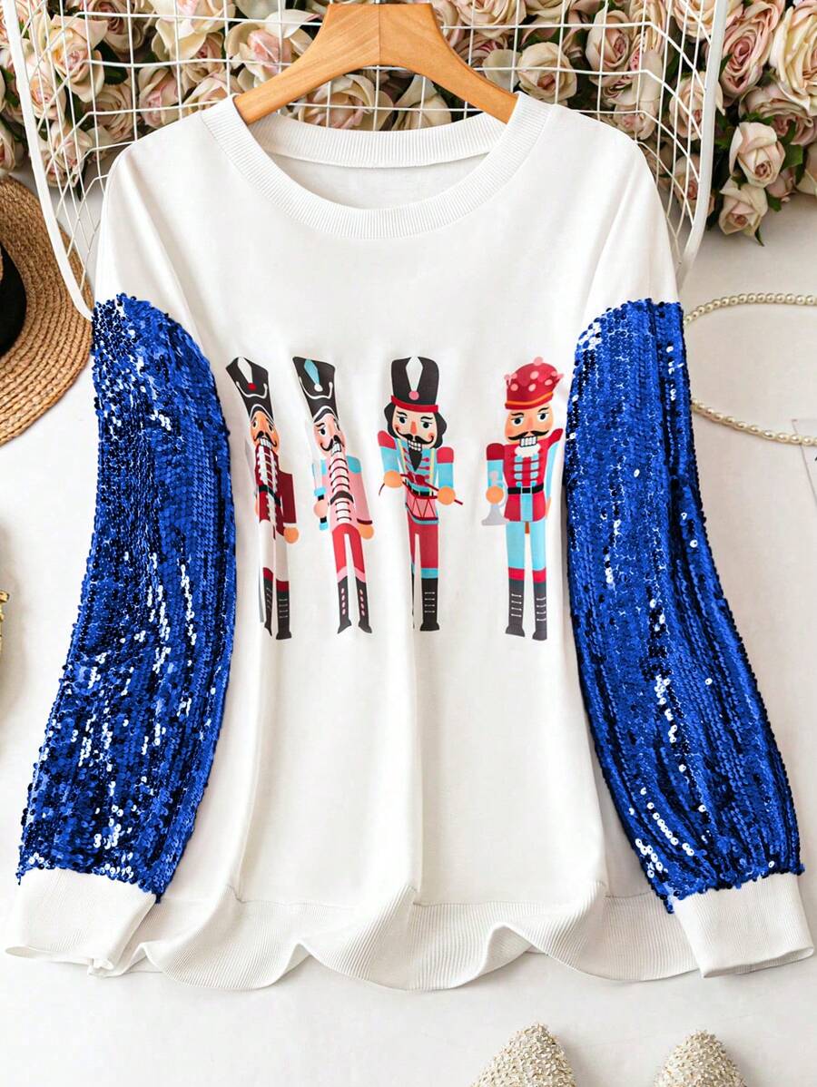 SHEIN LUNE Plus Size Women Cartoon Print Crew Neck Long Sleeve Casual Loose Sweatshirt, Autumn