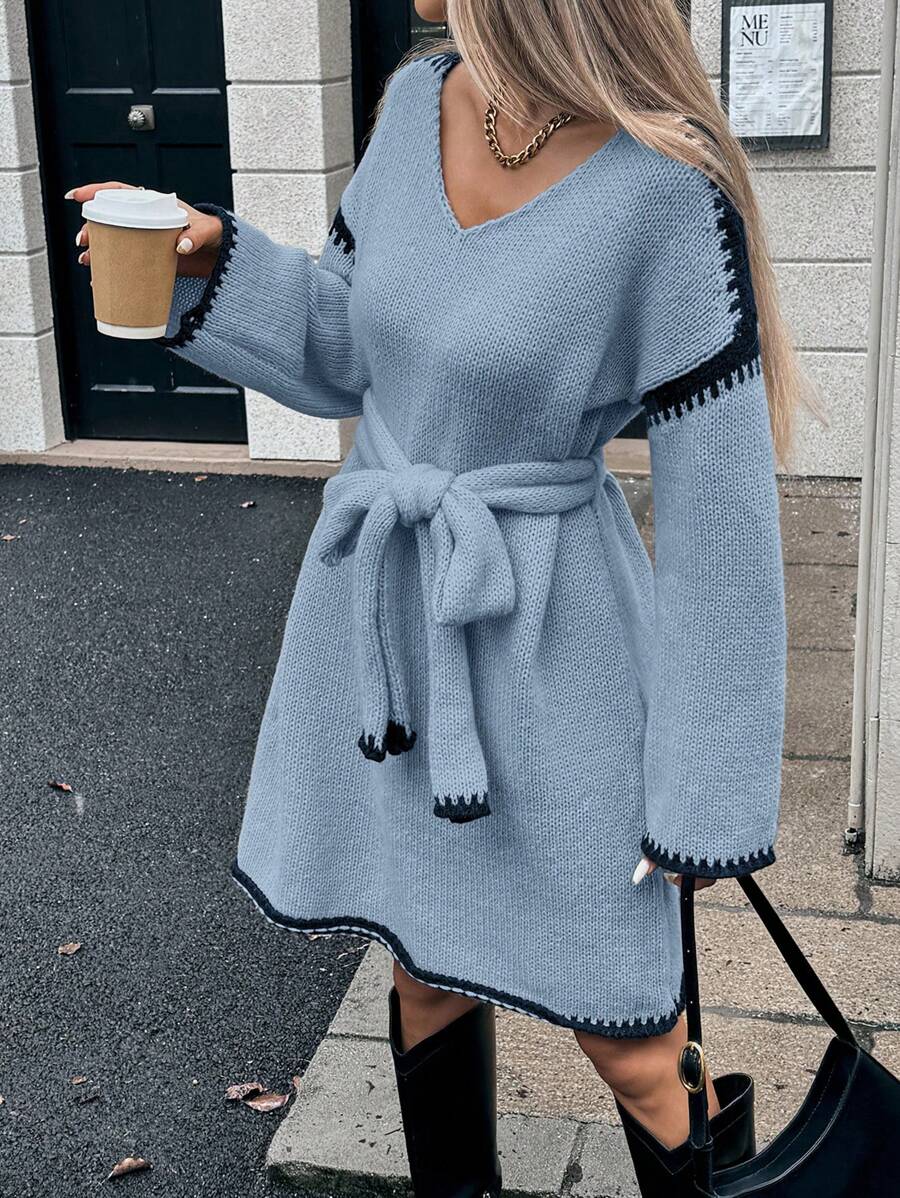Calvaya 1pc Women's Two Tone Edge Loose Deep V Neck Drop Shoulder With Belt Dress, Autumn/Winter