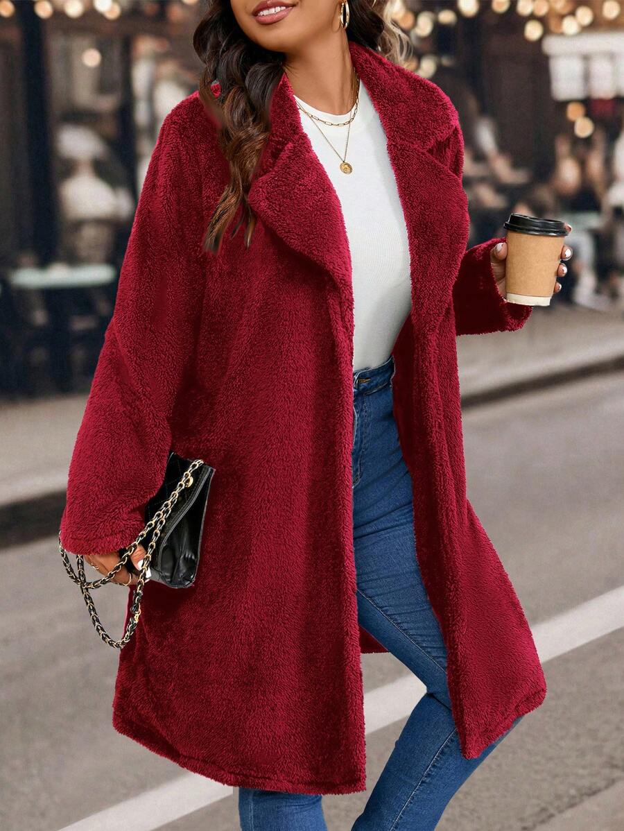 SHEIN LUNE Plus Size Women Casual Reversible Fluffy Dzianinowa Luźna Kurtka Kołnierzowa, Jesień/Zima Na Ubrania Noworoczne