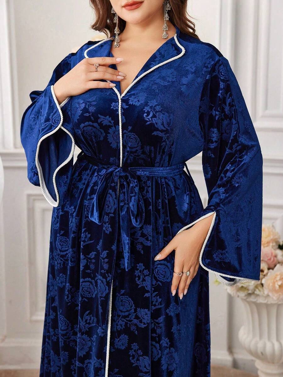Al Najma New Elegant Arabian Women Plus Size Long Velvet Flower Detailed Ribboned Dress, Elegant Maxi Modest Long Sleeve Jalabiya Arabian Dresses, For Evening Party/Wedding Guest/Anniversary
