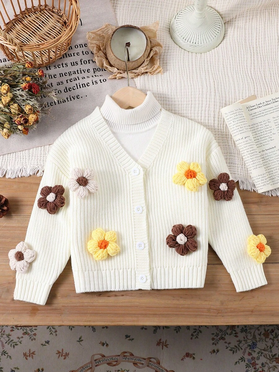 SHEIN Chaqueta holgada informal para niña con bloqueo de color, decoración floral 3D y manga caída con botones, adecuada para otoño/invierno