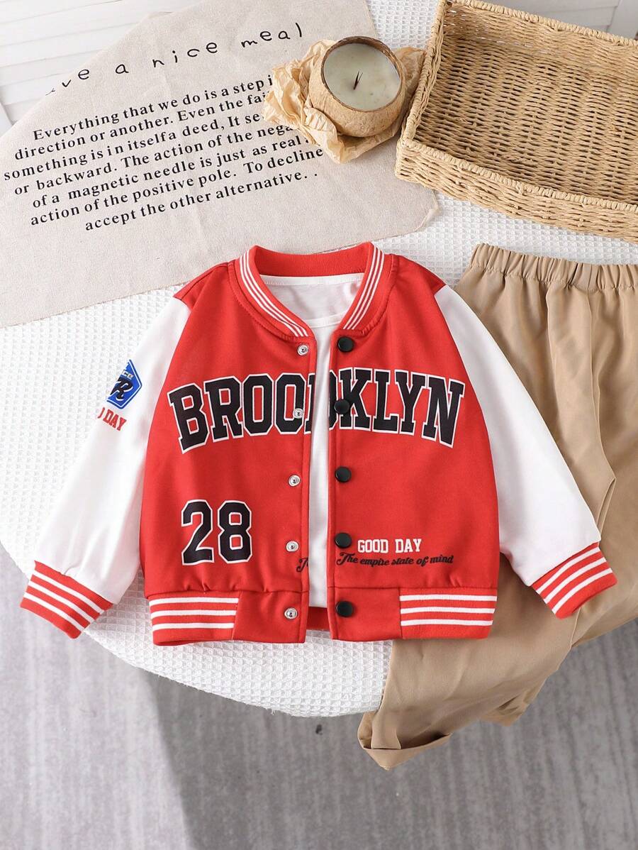 Young Boys Casual School Sports Brooklyn Letter & Number Print Colorblock Long Sleeve Jacket For Fall/Winter, Suitable For Outdoor And School Wear