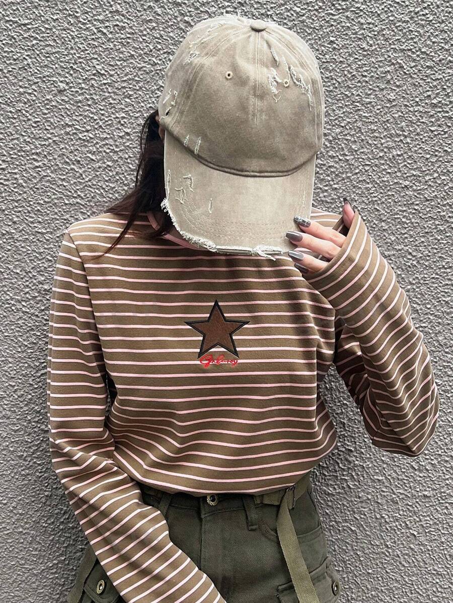 FRIFUL Camiseta casual de ajuste delgado con rayas y bordado de estrellas para mujer, otoño