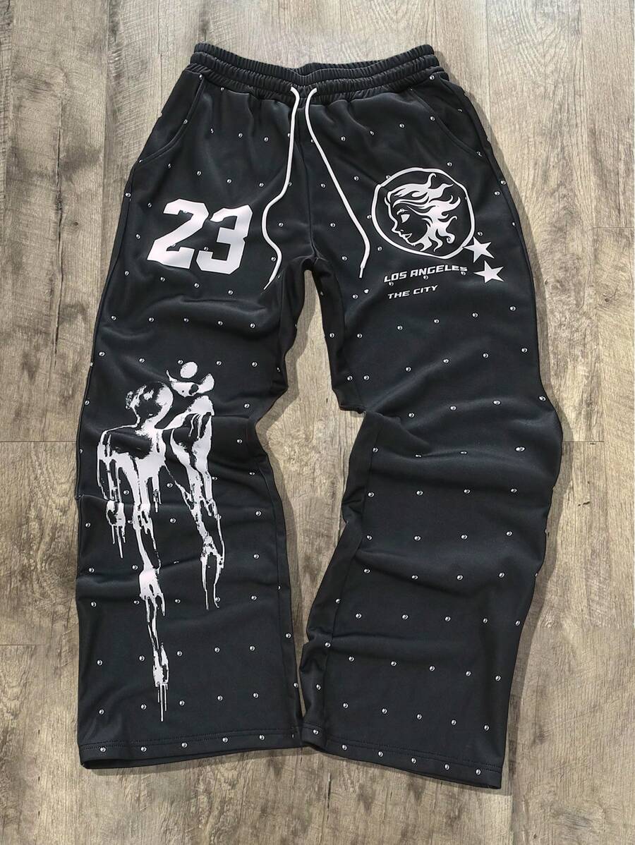 Manfinity EMRG Men's Casual Street Letter & Numeric Print Drawstring Waist Wide-Leg Sweatpants