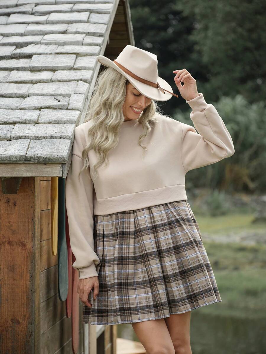 LanaWest 1pc Women Plaid Patchwork Long Sleeve 2 In 1 Dress