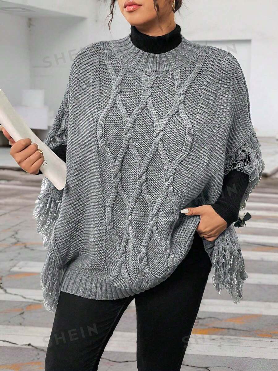 Calvaya Jersey de punto con cuello redondo, mangas de murciélago y flecos, unicolor, talla grande, para otoño/invierno
