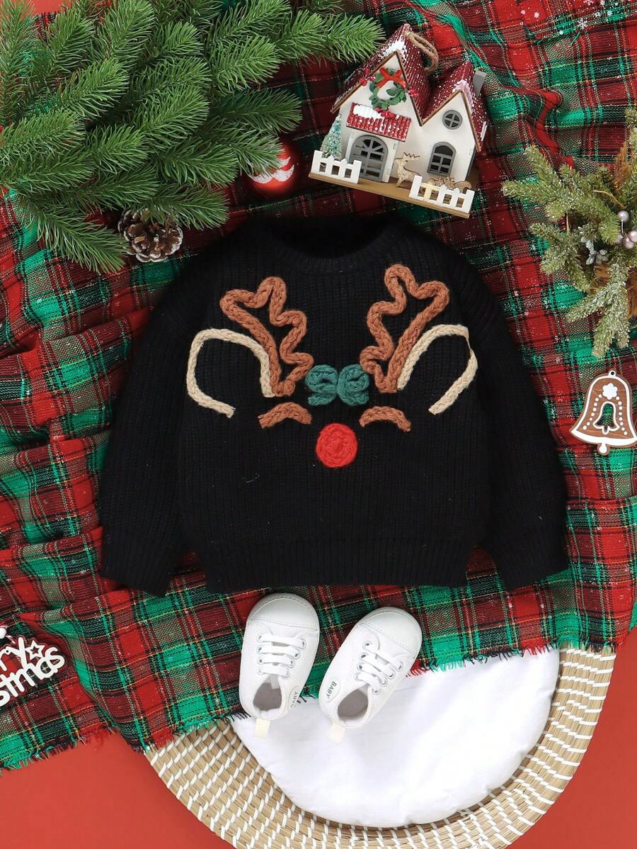 Baby Boys Christmas Sweaters, Casual Cute Knitted Cord Reindeer Pattern Round Neck Drop Shoulder Long Sleeve White Knit Pullover Jumper, Comfortable & Soft, Suitable For Daily Wear, Outing, Travel, Holiday, Home, Daycare, Kids Play