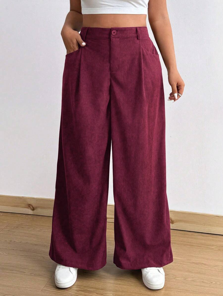Flirla Plus Size High Waist Corduroy Wide Leg Pants For Women, Loose Fit Flattering Casual Trousers, Autumn/Winter