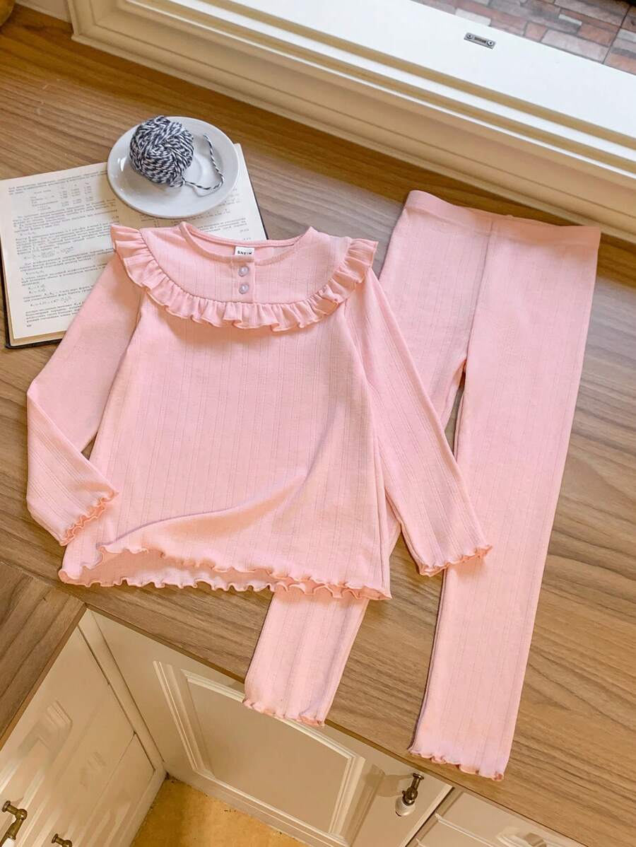 Blossori Young Girls' Elegant French Style Ribbed Pink Ruffle Collar Sweater, Autumn/Winter