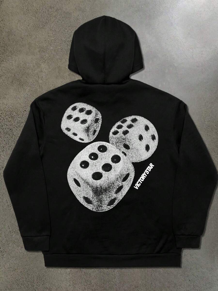 Manfinity EMRG Men's Casual Letter & Dice Print Hoodie Sweatshirt, Autumn Going Out Black Long Sleeve Hoodie, For Friends, Husband, Boyfriend Gifts