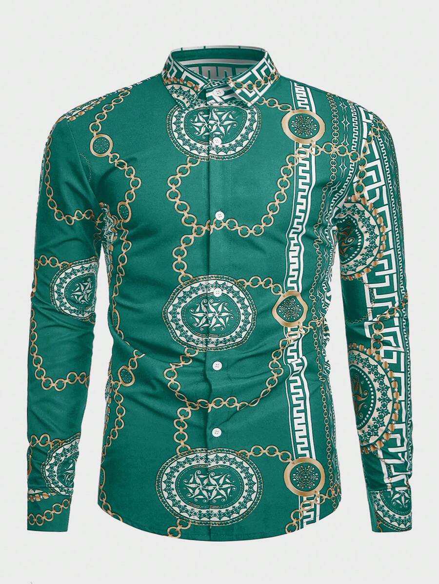 Manfinity Homme Camisa de manga larga estampada casual y retro para hombres, otoño