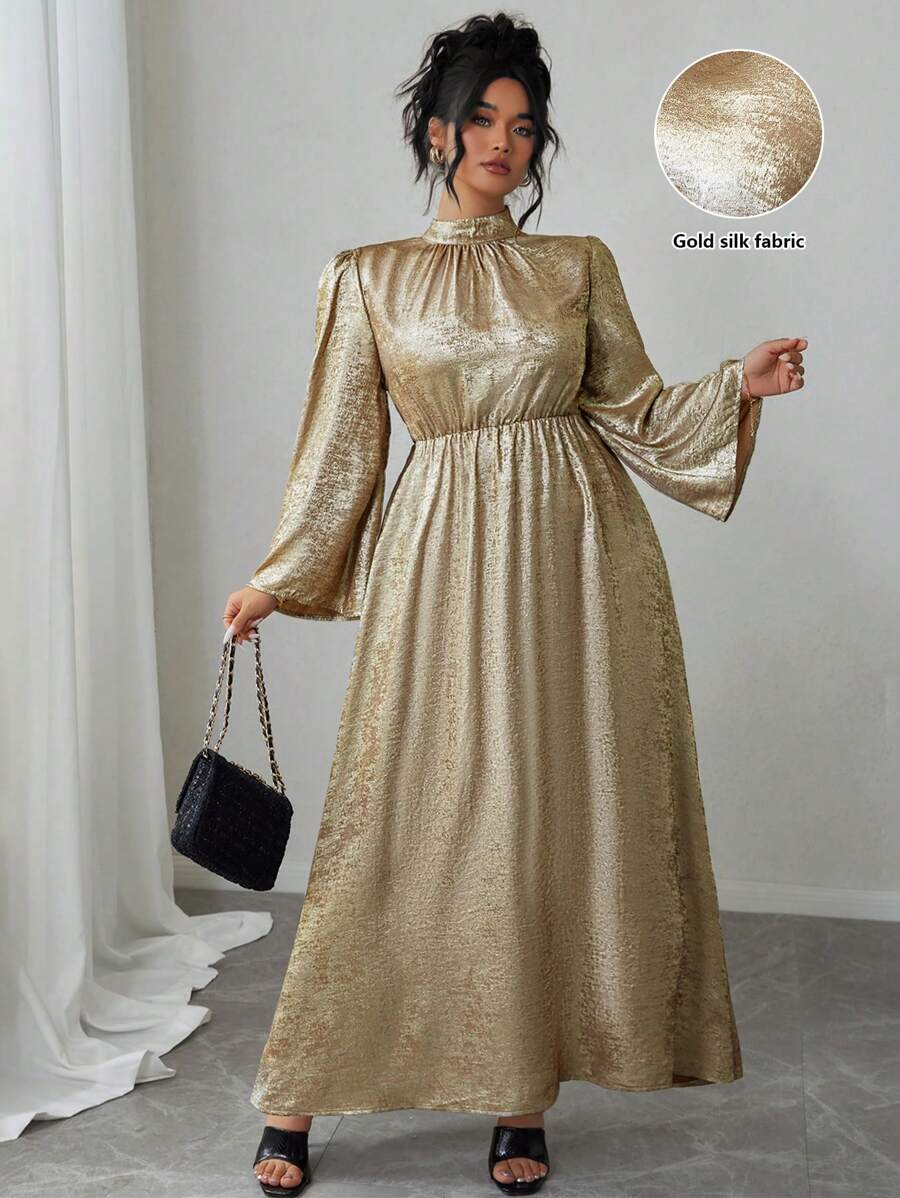 Celure Plus Size Elegant Metallic Flared Sleeve Dress, Autumn For New Year Holiday Party Clothes Maxi Women Outfit