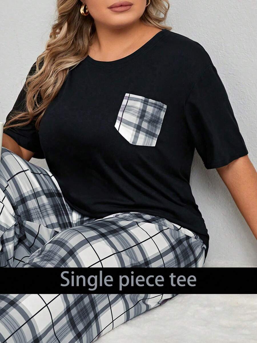 Camiseta de pijama holgada con bolsillo estampado a cuadros para talla grande