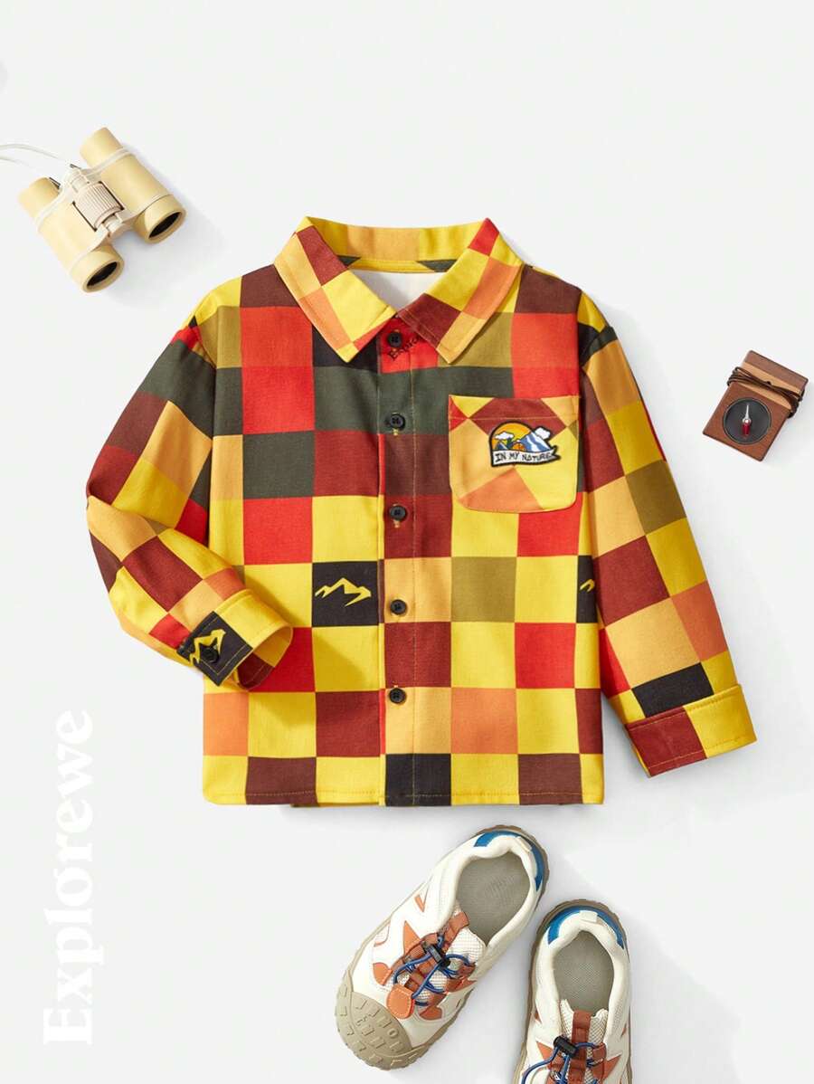SHEIN Camisa de manga larga casual con estampado de cuadros y bloques de color para niños pequeños, otoño/invierno
