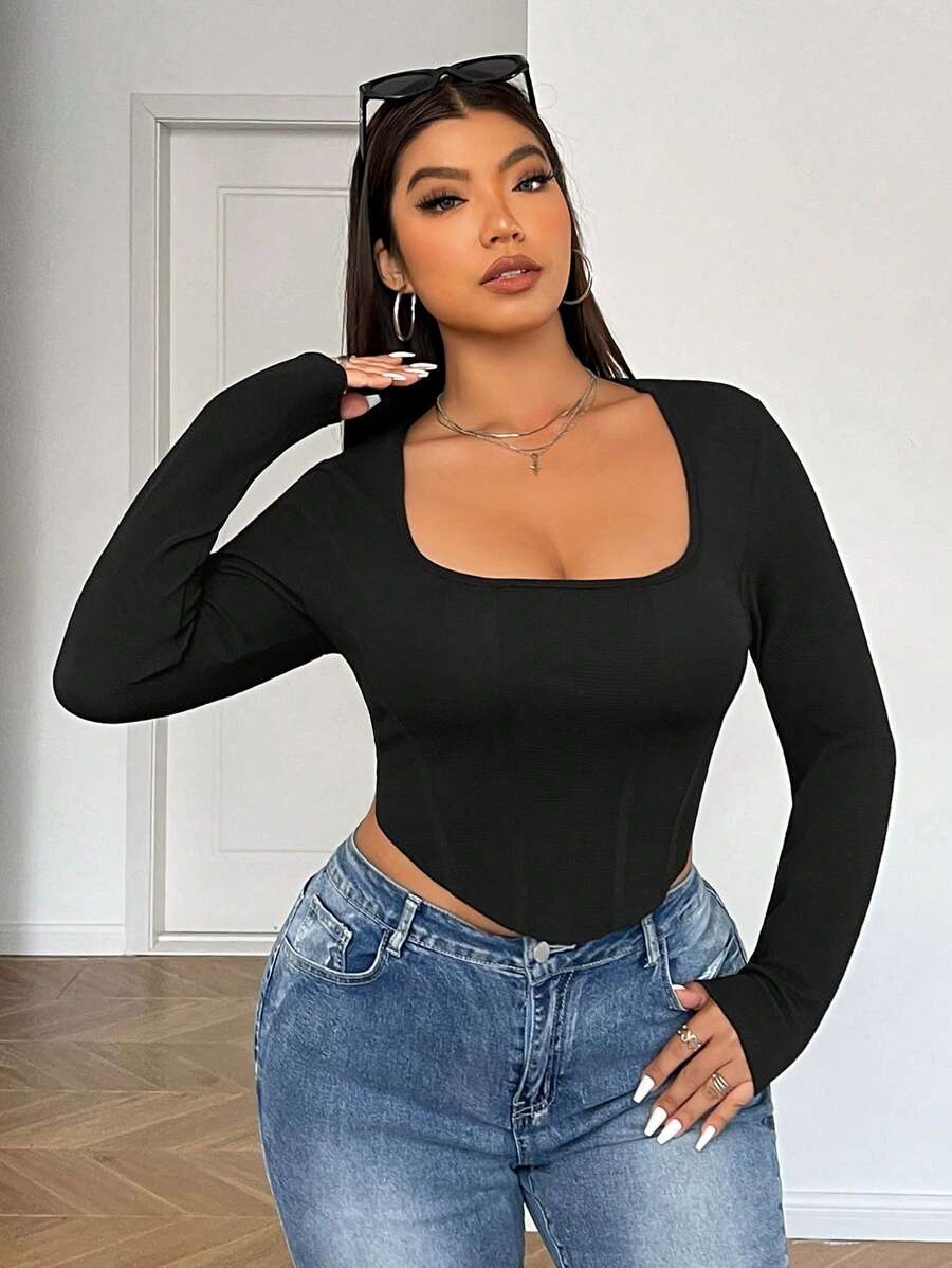 SHEIN EZwear Plus Size Women's Party Tops Square Neck Fitted Asymmetrical Hem Long Sleeve Black T-Shirt,Winter Clothes For Women