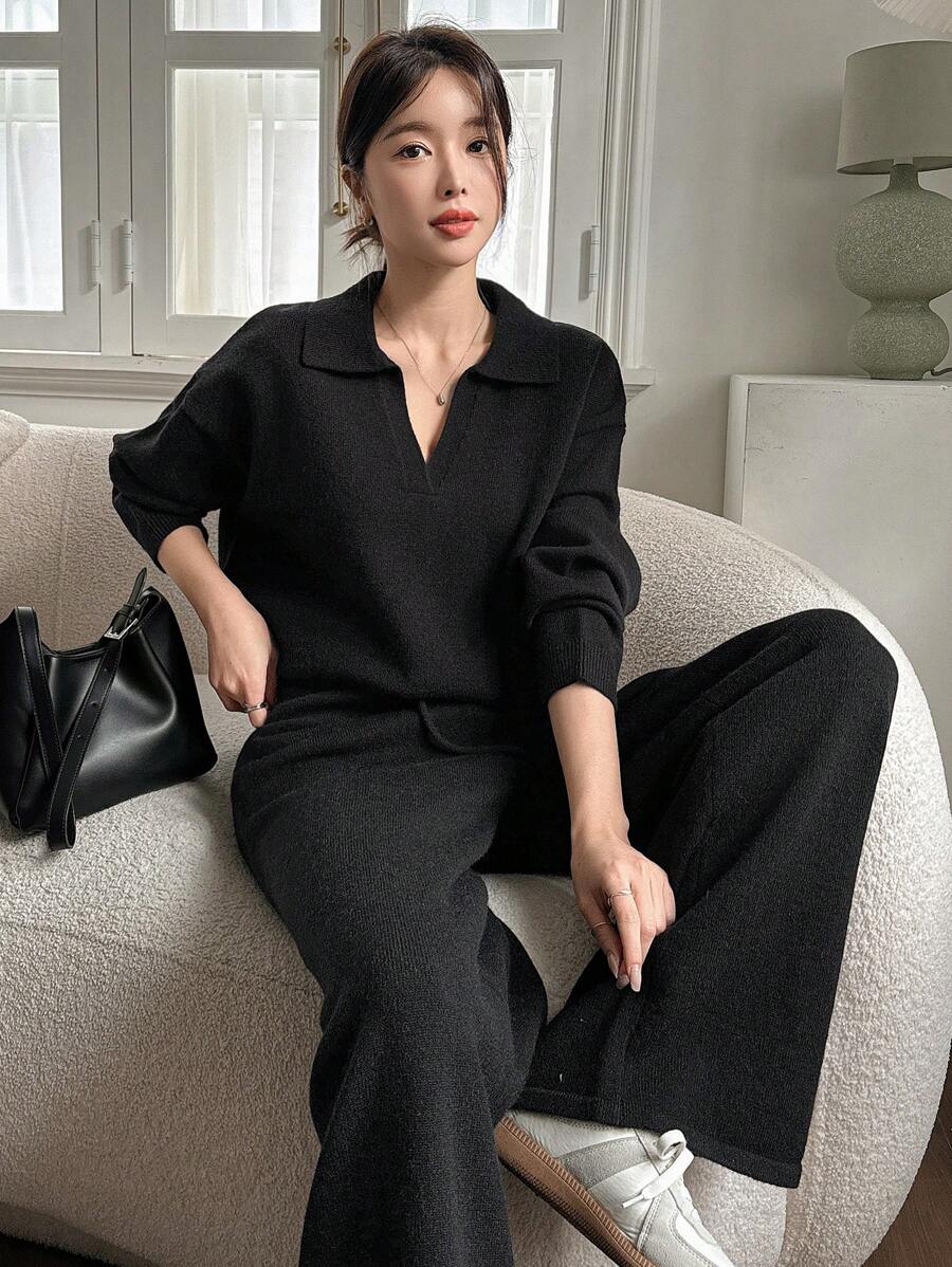 DAZY 2pcs Set: Solid Color Sweater And Wide Leg Pants For Women