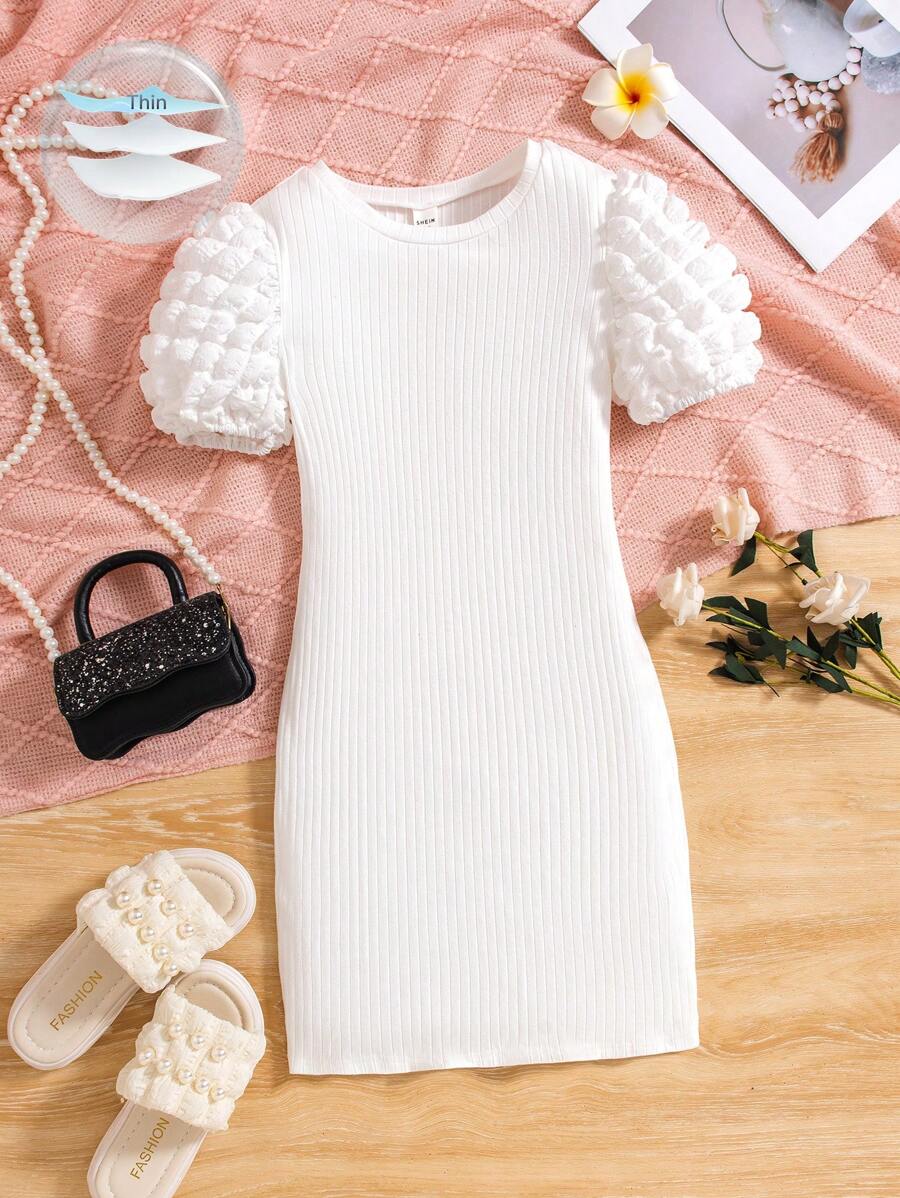 SHEIN Tween Girls' Knitted Solid Color Round Neck Patchwork Woven Bubble Sleeve Fitted Casual Dress