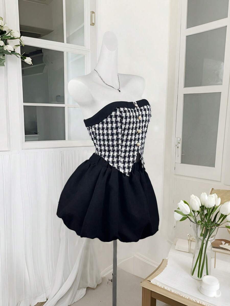 Sweetra 2pcs Women Sweet Elegant Fashion Midriff-Baring Short Top & Patchwork Flared Hem Black & White Mini Skirt Set, For Spring/Autumn Y2K Outfit