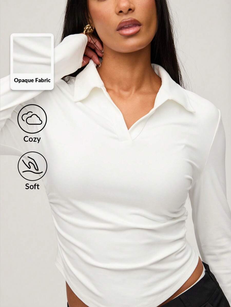 SHEIN BASICS Casual Solid Color Knit Collared Half-Button Front Fitted Long Sleeve Blouse With Pleated Sides For Women, Cozy Chic, Daily Commute