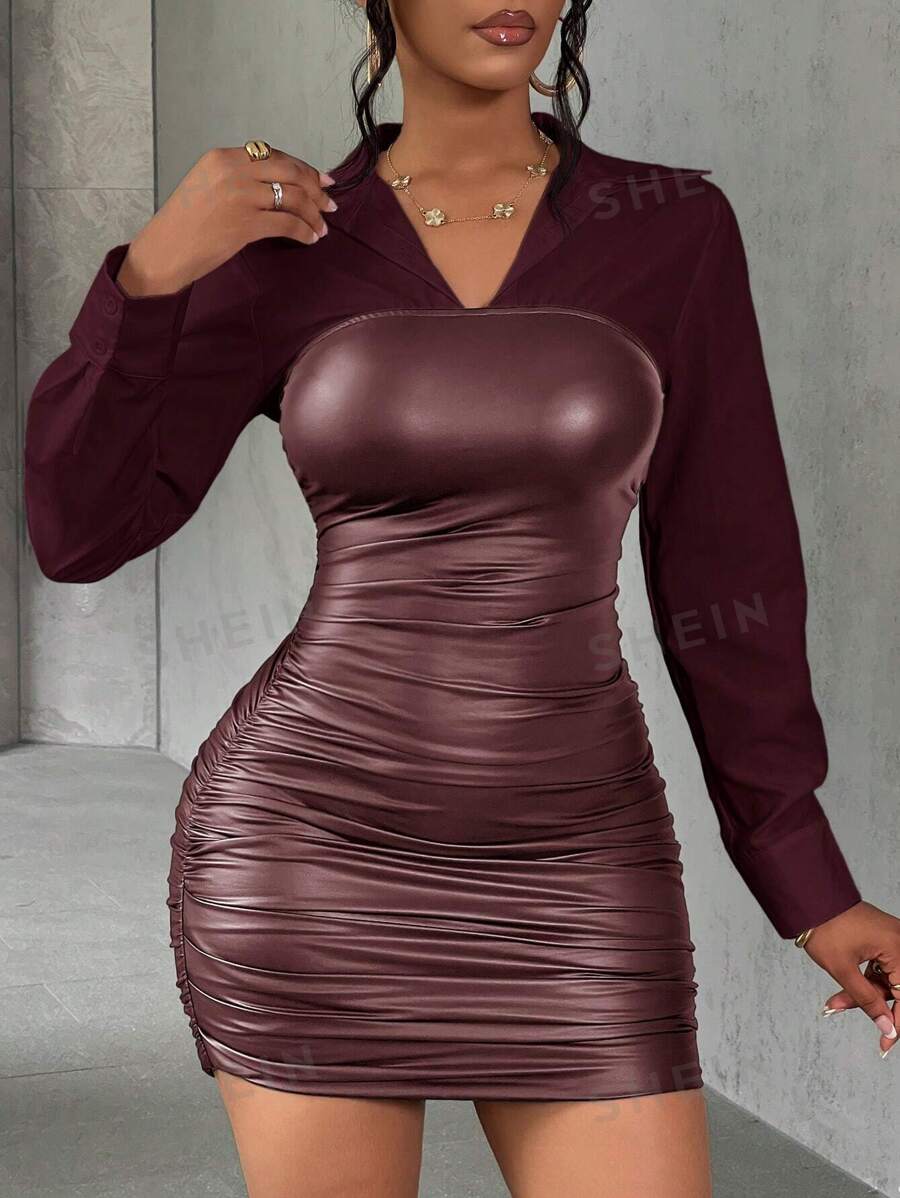 Slaydiva Vestido mini de mujer 2 en 1 de camisa de parchwork de PU de alta gama estilo calle sexy