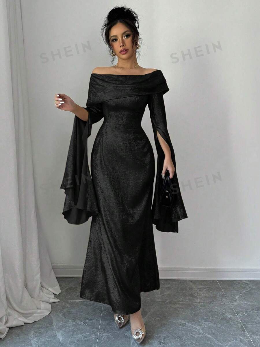 Rafferiza Vestido de manga larga con abertura, hombros descubiertos, cintura plisada, vestido de gala elegante de longitud máxima para mujeres