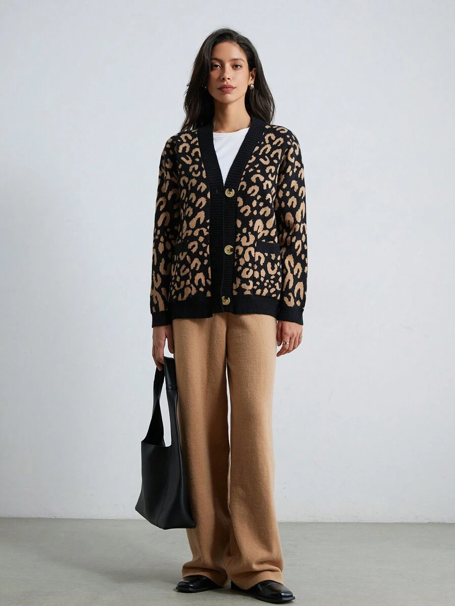 Aveloria Modichic 2pcs Vintage Commuter Leopard Jacquard Open-Front Cardigans, Oversized Color Block Solid Color Warm Sweaters For Women Oversized Cheetah Print Sweater