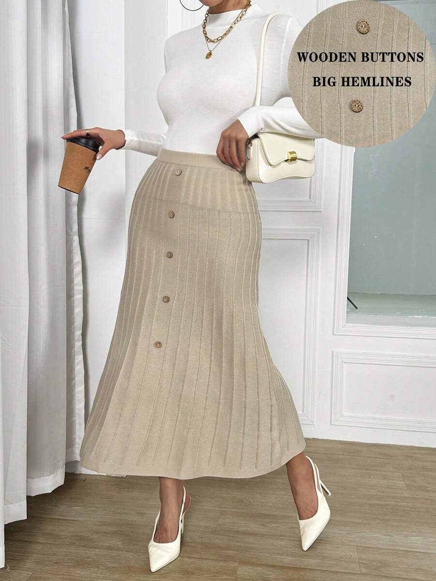 Calvaya Khaki Knee-Length Button Decor Sweater Skirt