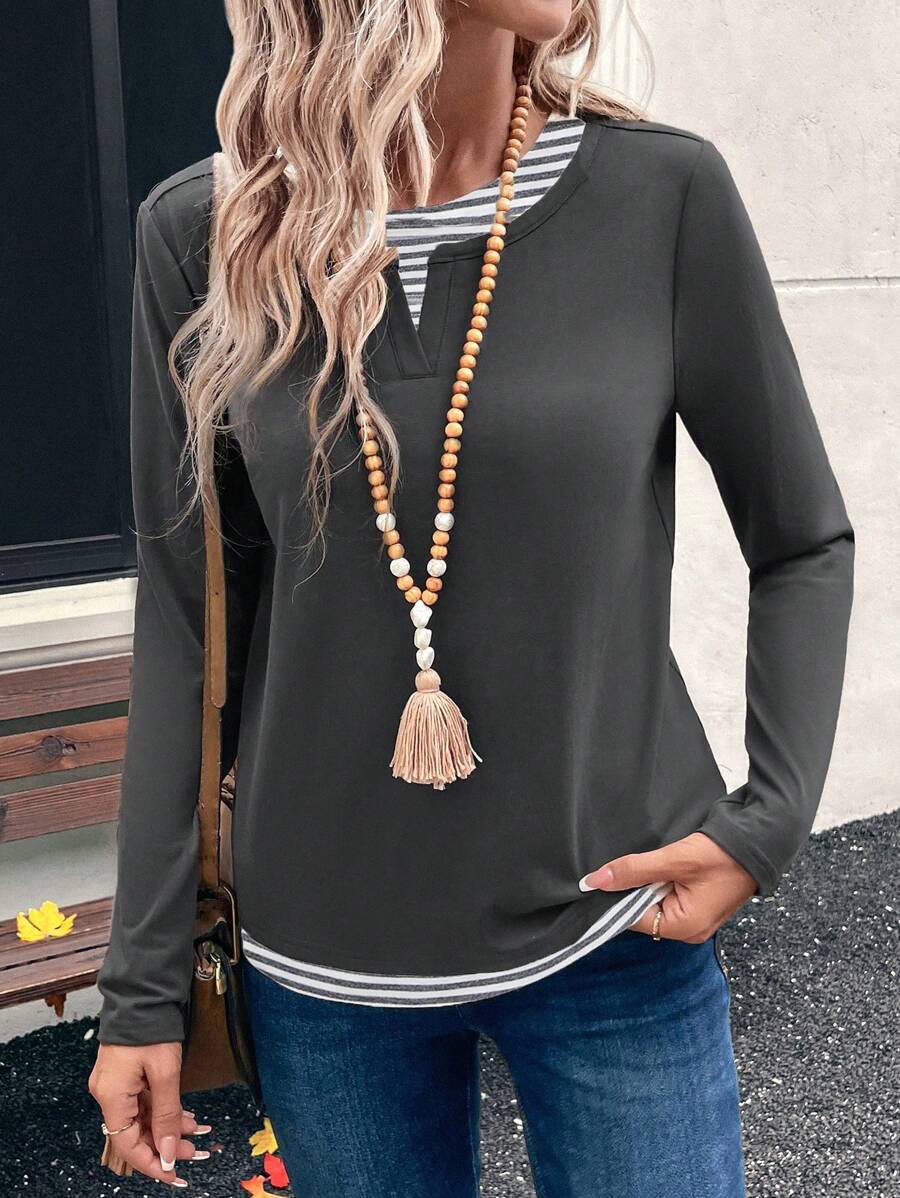 EMERY ROSE Casual Tops Long Sleeve Tops Women Striped Print Round Neck 2 In 1 Casual Daily Long Sleeve T-Shirt