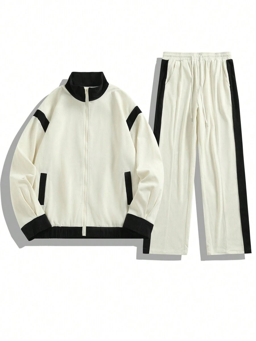 Manfinity Hypemode Men's Solid Color Paneled Front Zipper Long Sleeve Casual Jacket And Pants Set