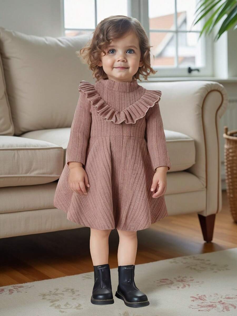 SHEIN Baby Girls' Casual Everyday Cute, Warm And Comfortable Knit Dress, Made Of Soft Knit Fabric, Suitable For Baby's Daily Activities, Outdoor In Autumn/Winter, Kindergarten And Home Leisure