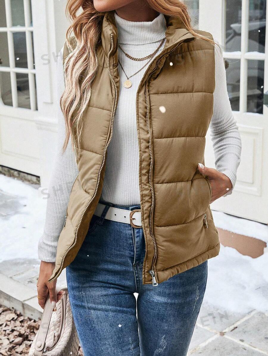 Calvaya Chaleco acolchado con cierre de cremallera y cuello alto para mujer, cálido para ropa de otoño/invierno