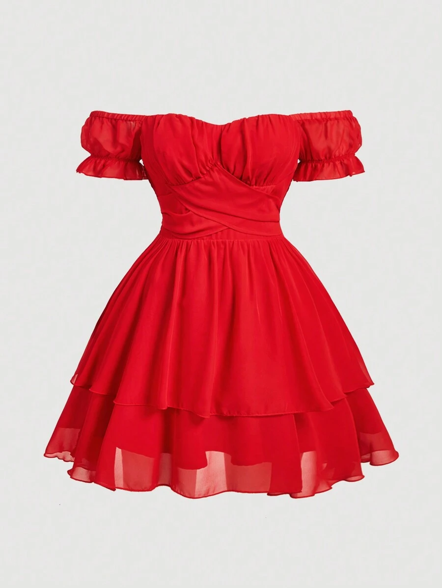 SHEIN MOD Zomervakantie/Date Blauwe Effen Off-Shoulder Multi-Layer Ruffle Grote Strik Casual Jurk, Plus Size